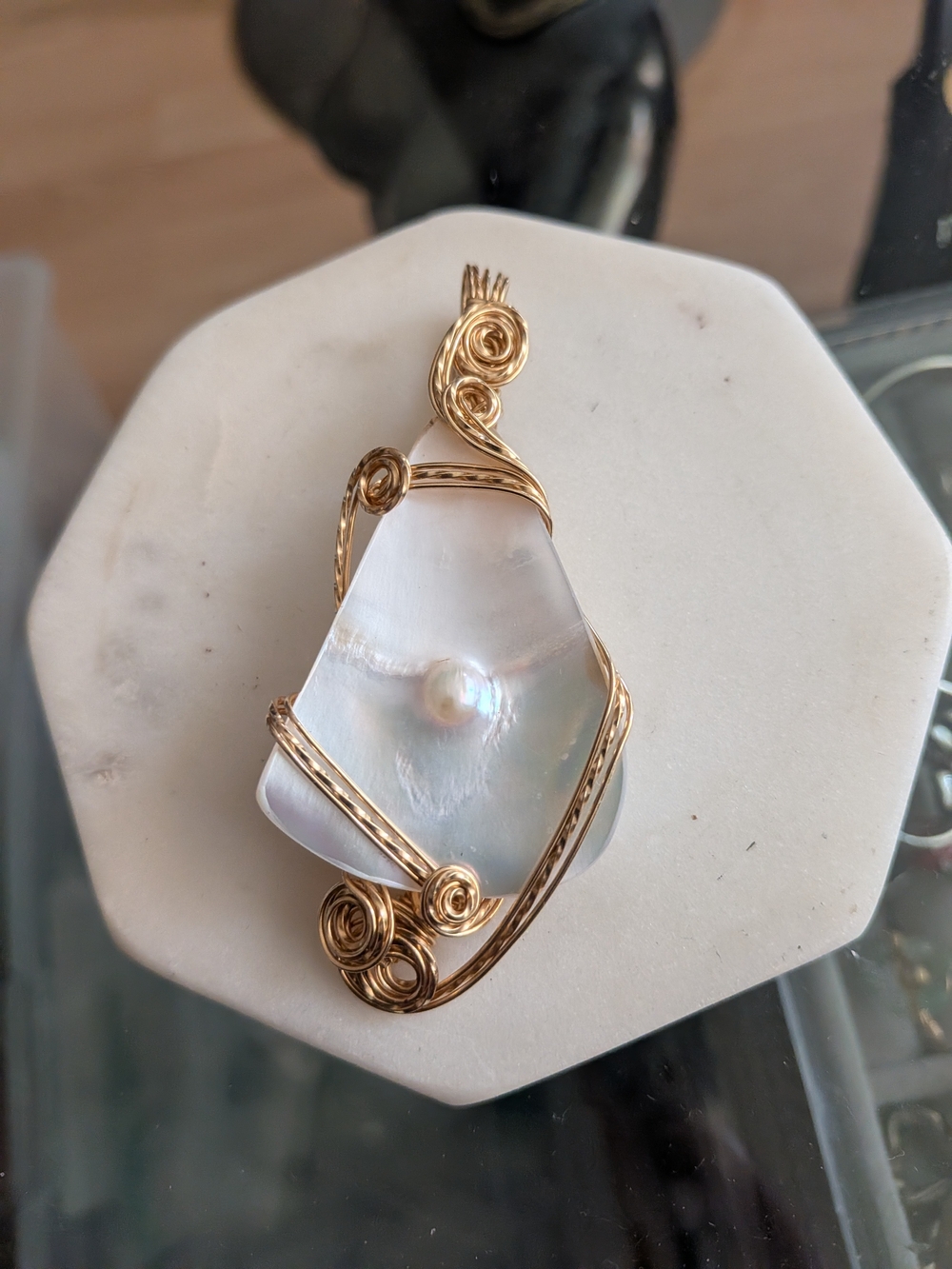 Gold Wire-Wrapped White Mother-of-Pearl Pendant with Pearl Accent